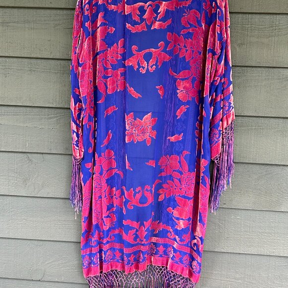 Free People Silk Velvet Kimono Robe Extremely Rare Pink/Blue One Size - Picture 2 of 6